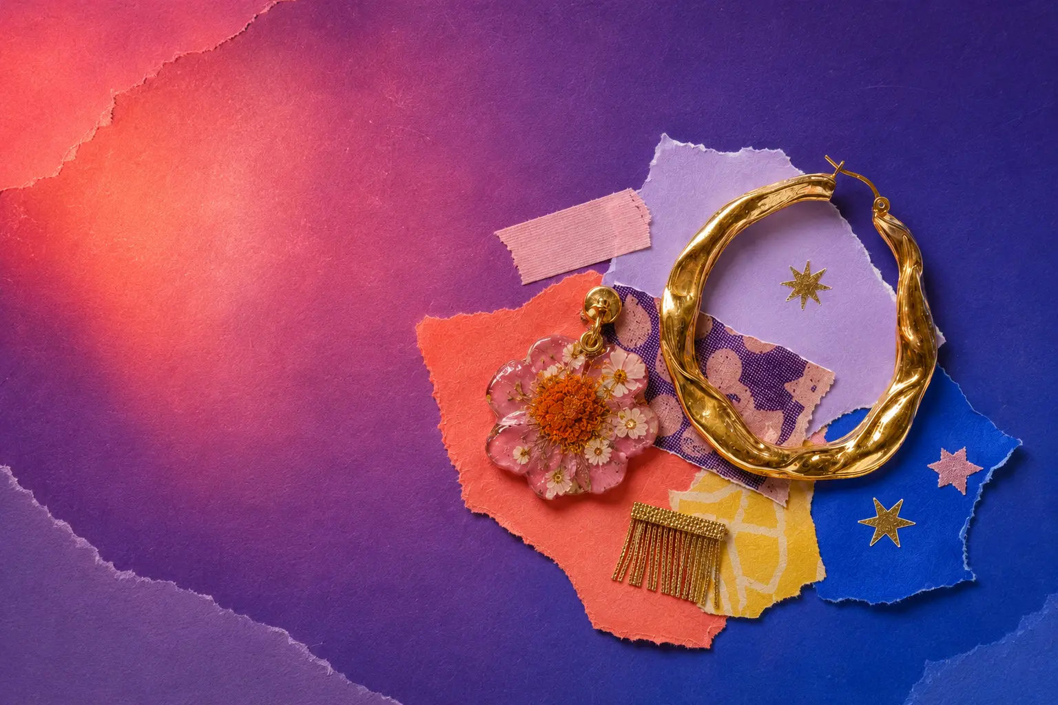Scrapbook collage of sculptural gold and floral resin earrings