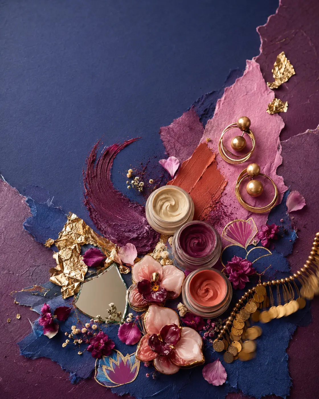 Dressing-table collage of plum pigment, sculptural gold earrings, flowers and cobalt paper