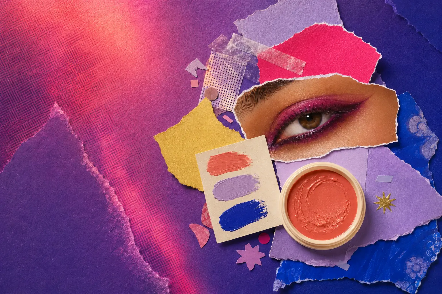 Scrapbook collage of plum eye makeup, coral cream blush, and pigment swatches