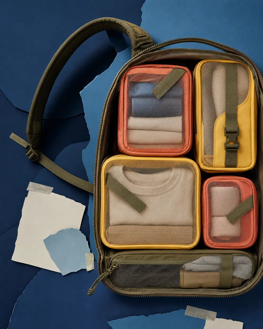 Exploded open-backpack collage with colour-coded packing cubes, straps and route fragments