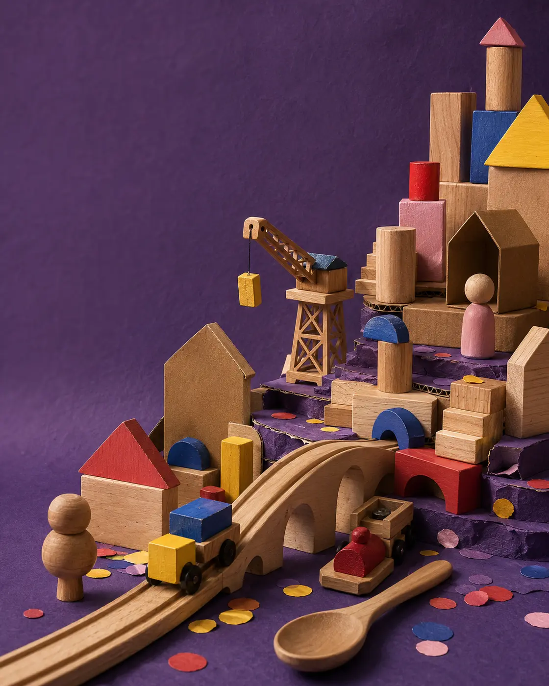 Handmade miniature-city collage built from wooden train, dollhouse and outdoor-play forms