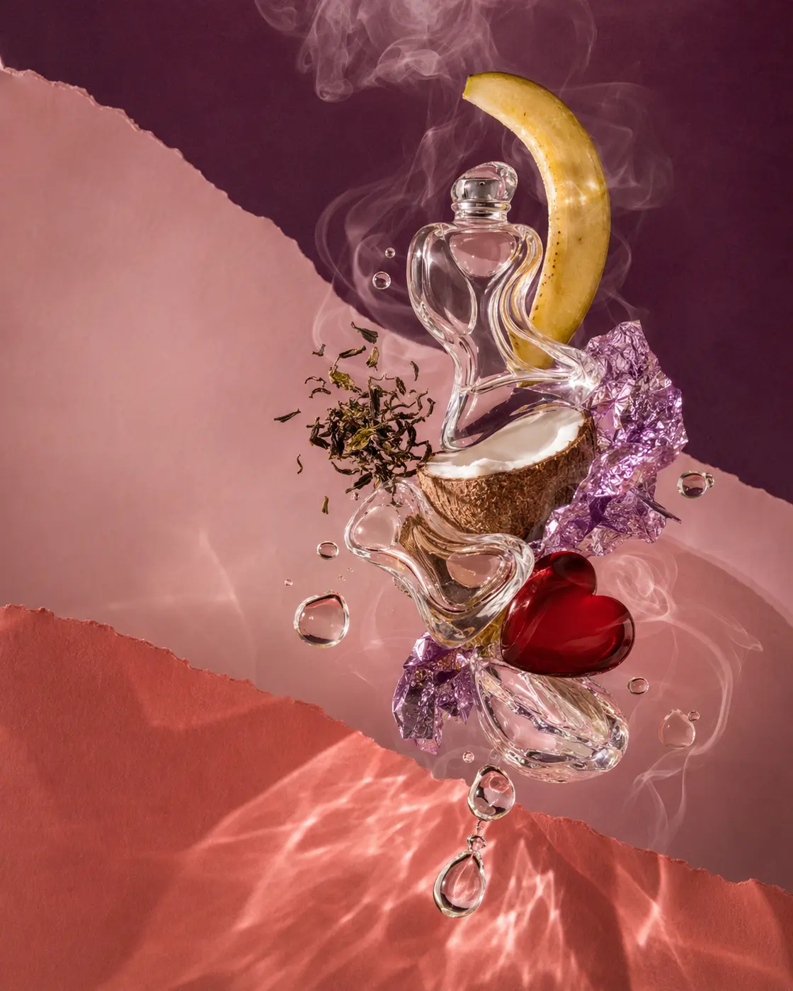 Floating fragrance collage of clear glass geometry, fruit, tea leaves, foil and liquid light